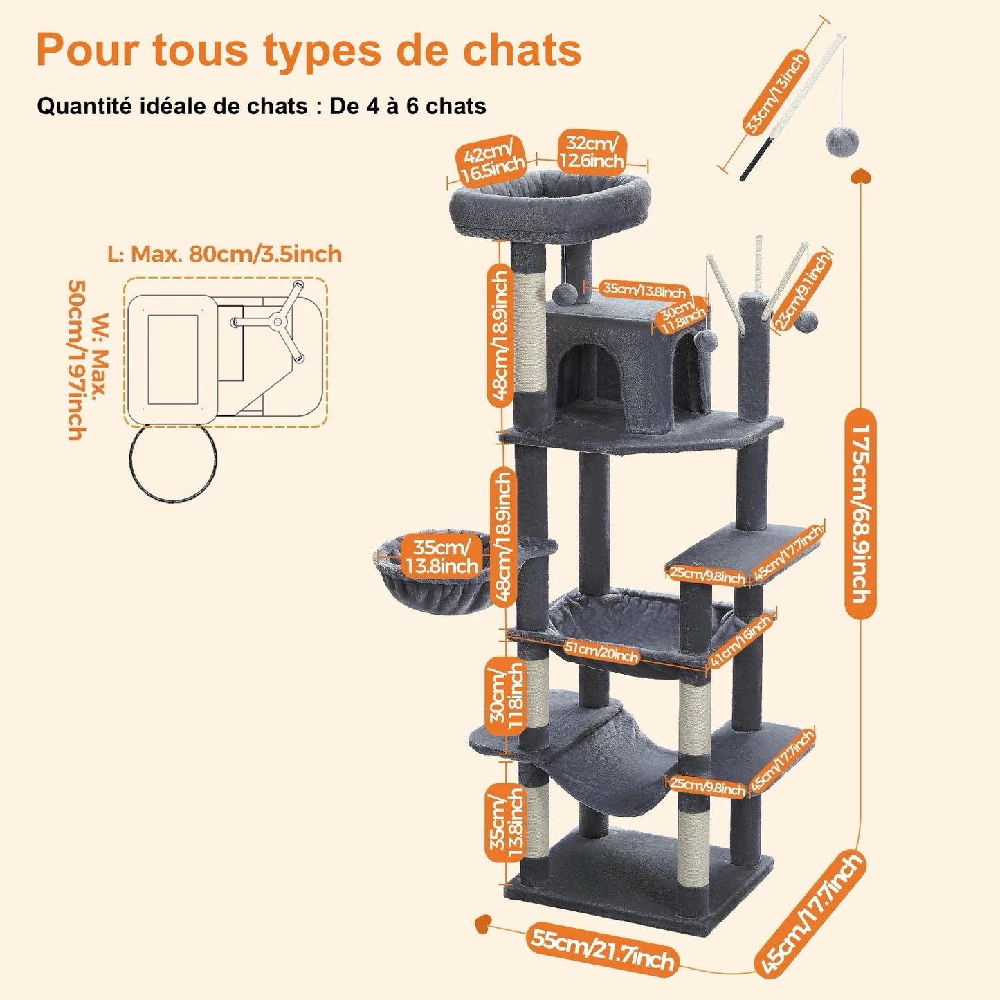 Arbre à Chat Pour Grand Chat Doux - Modèle "Grisou" - L'Ile Aux Chats