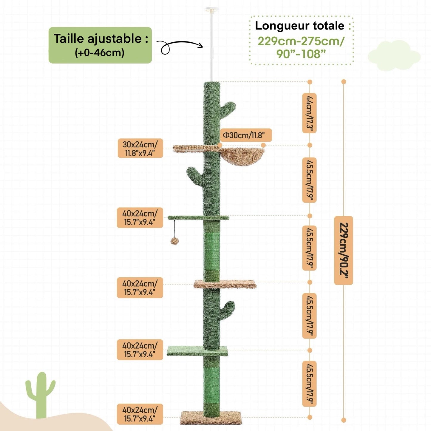 Arbre à Chat Design en Forme de Cactus Ajustable du Sol au Plafond – Modèle Grand Chat "Cactzilla" - L'Ile Aux Chats