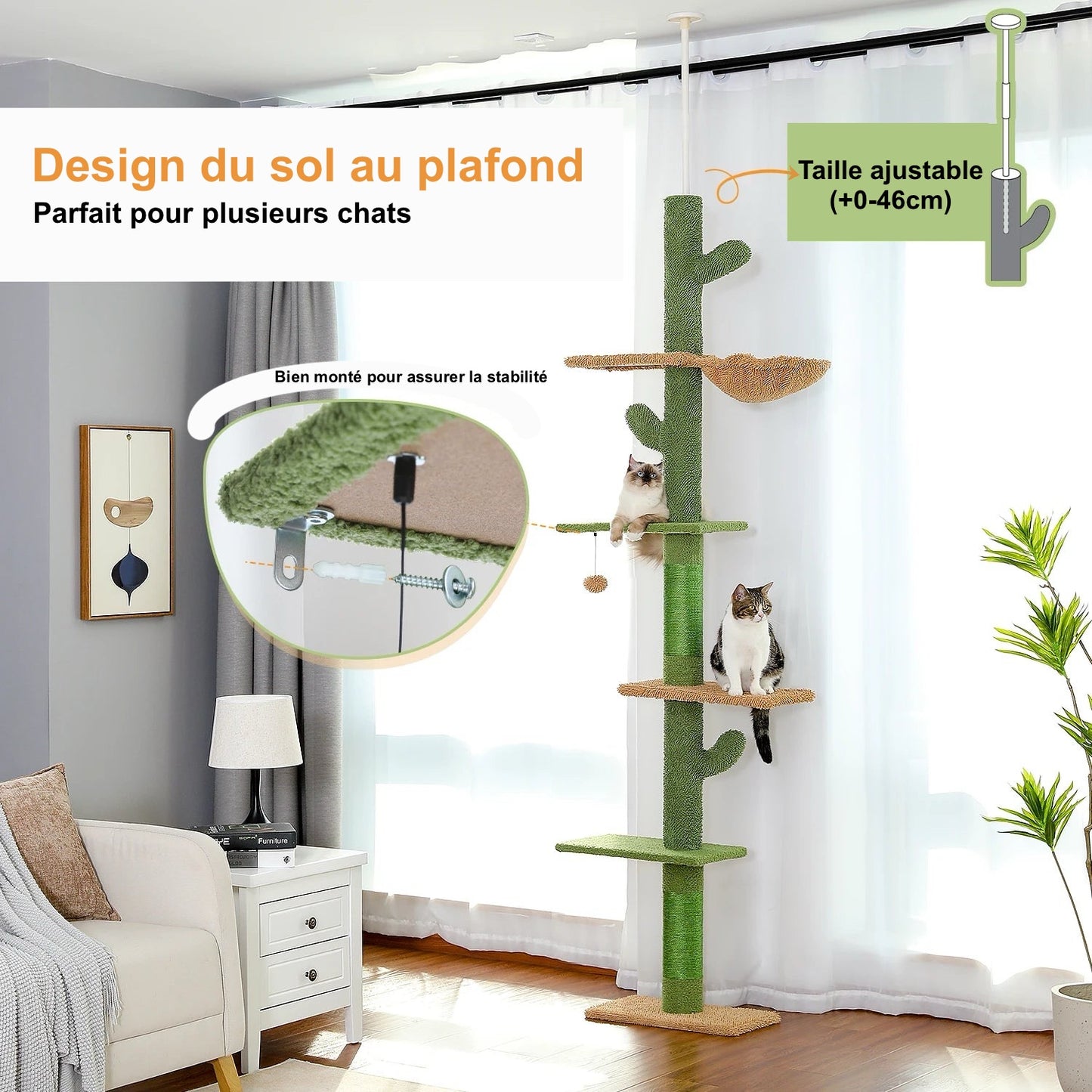 Arbre à Chat Design en Forme de Cactus Ajustable du Sol au Plafond – Modèle Grand Chat "Cactzilla" - L'Ile Aux Chats