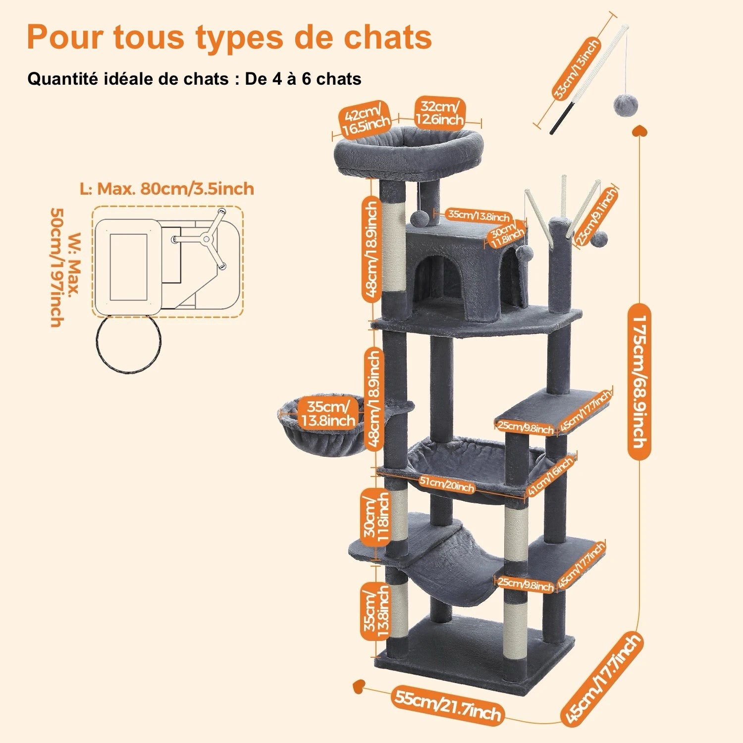 Arbre à Chat Pour Grand Chat Doux - Modèle "Grisou" - L'Ile Aux Chats