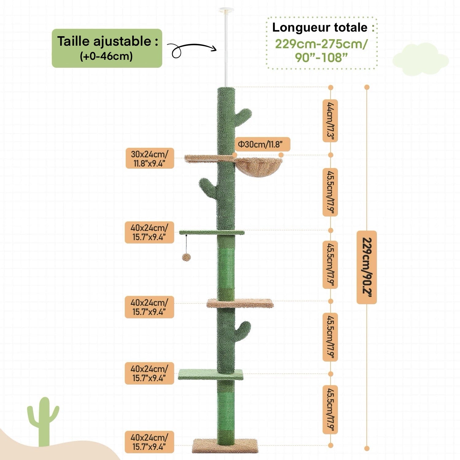 Arbre à Chat Design en Forme de Cactus Ajustable du Sol au Plafond – Modèle Grand Chat "Cactzilla" - L'Ile Aux Chats