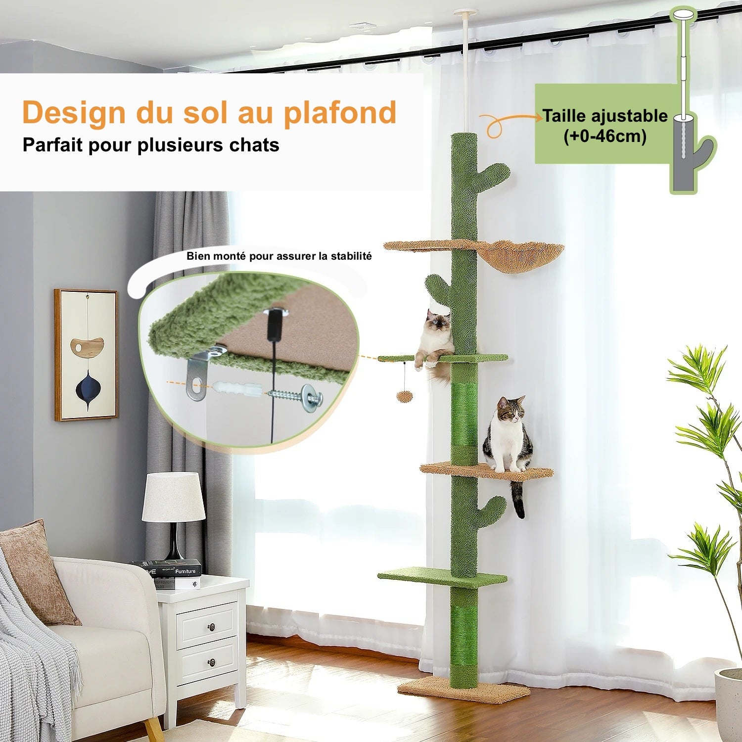 Arbre à Chat Design en Forme de Cactus Ajustable du Sol au Plafond – Modèle Grand Chat "Cactzilla" - L'Ile Aux Chats